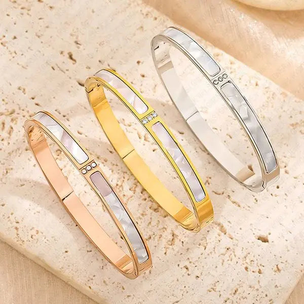 Designer Bracelet for Women Stainless Steel 18K Gold Plated Bangle Double Sided Round Shell Bangles Luxury Jewlery Designer for Women Elegant Timeless Gift Great Shopping 4You