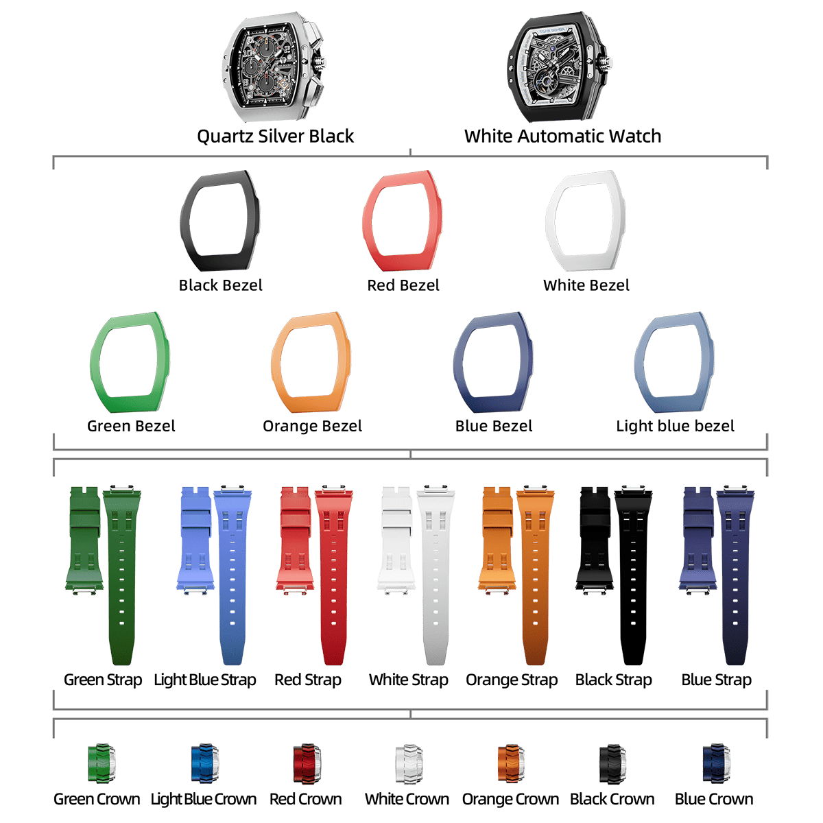 Atomic-TB8218 Set(7-in-2) - Black & White / FluoroRubber TSAR BOMBA Watch