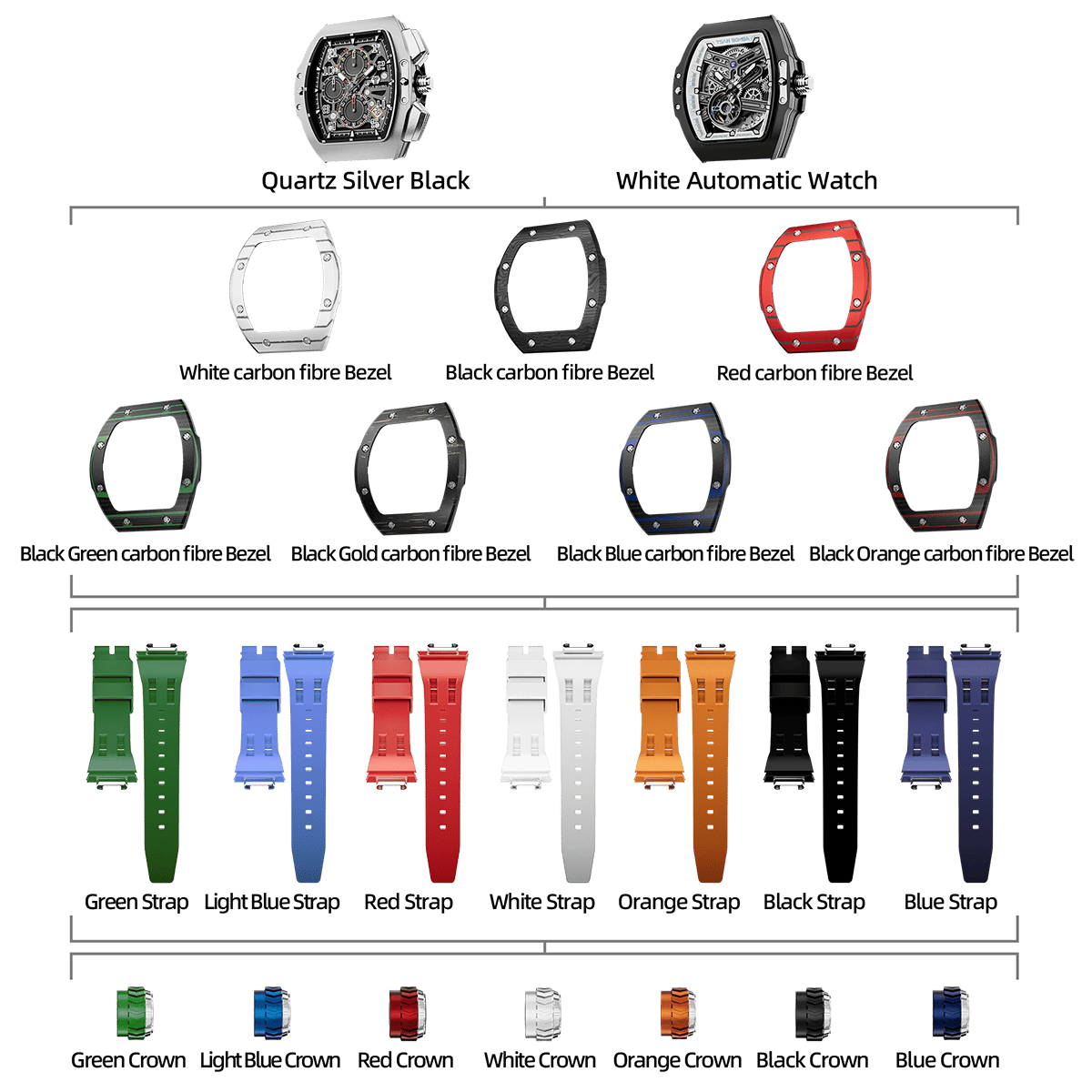 Atomic-TB8218 Set(7-in-2) - Black & White / Carbon Fiber TSAR BOMBA Watch