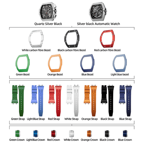 Atomic-TB8218 Set(7-in-2) - Silver & Black / Carbon Fiber & FluoroRubber TSAR BOMBA Watch