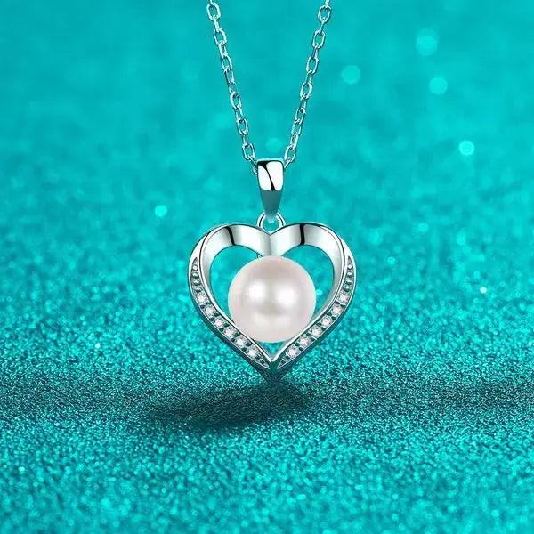 925 Sterling Silver Heart Necklace with Freshwater Pearl & Moissanite Stones, Elegant Gift for Women Great Shopping 4You