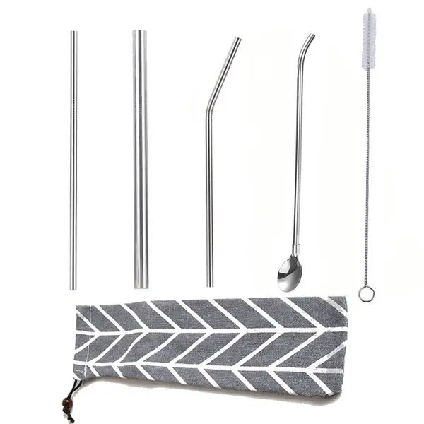 Stainless Steel Straw Set Reusable 304 Metal Straws Kits Elbow Straw with Spoon 5pcs/set Great Shopping 4You