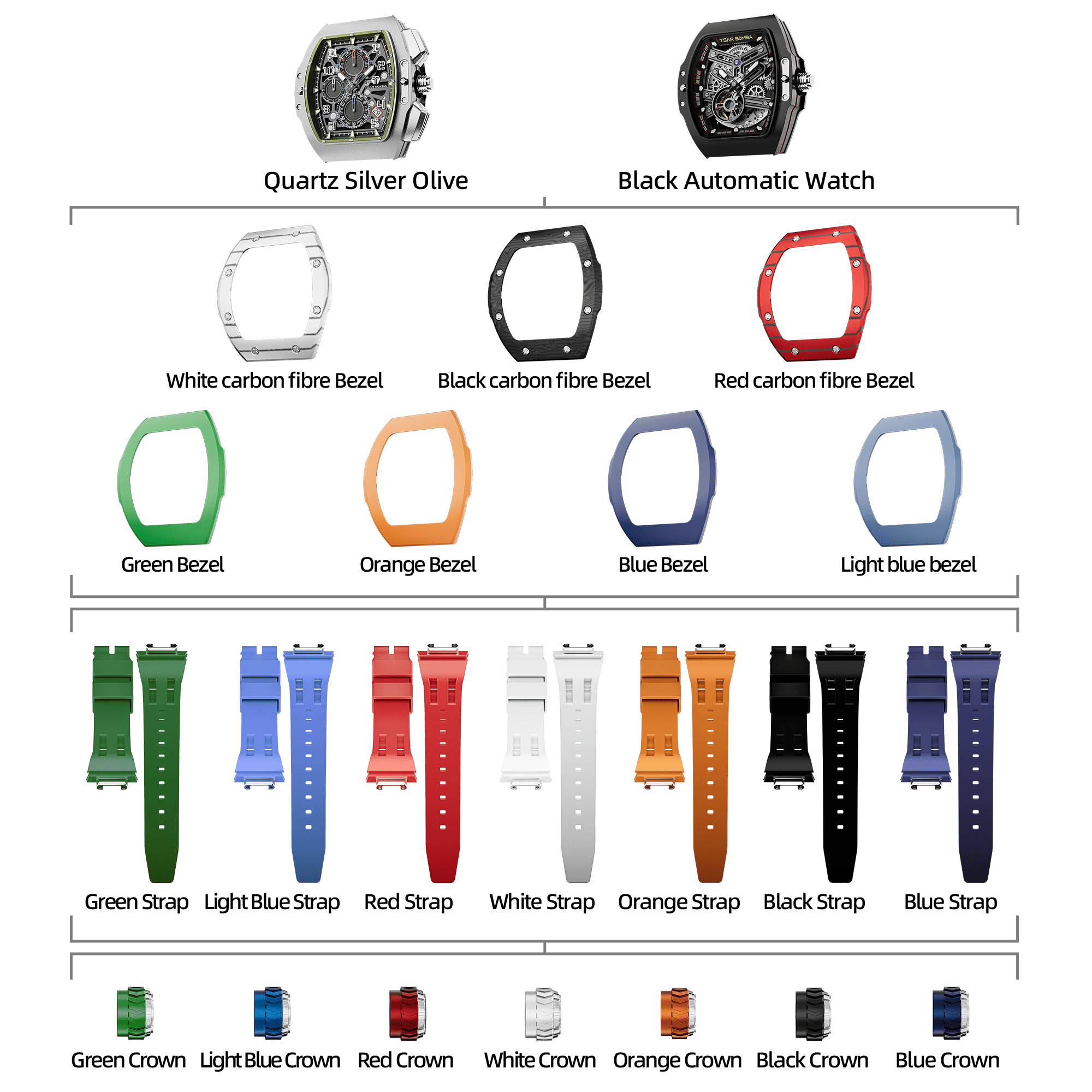 Atomic-Interchangeable Automatic Watch Combo (7-in-1)（IT） - Black / Two Head-Mixed Material TSAR BOMBA Watch