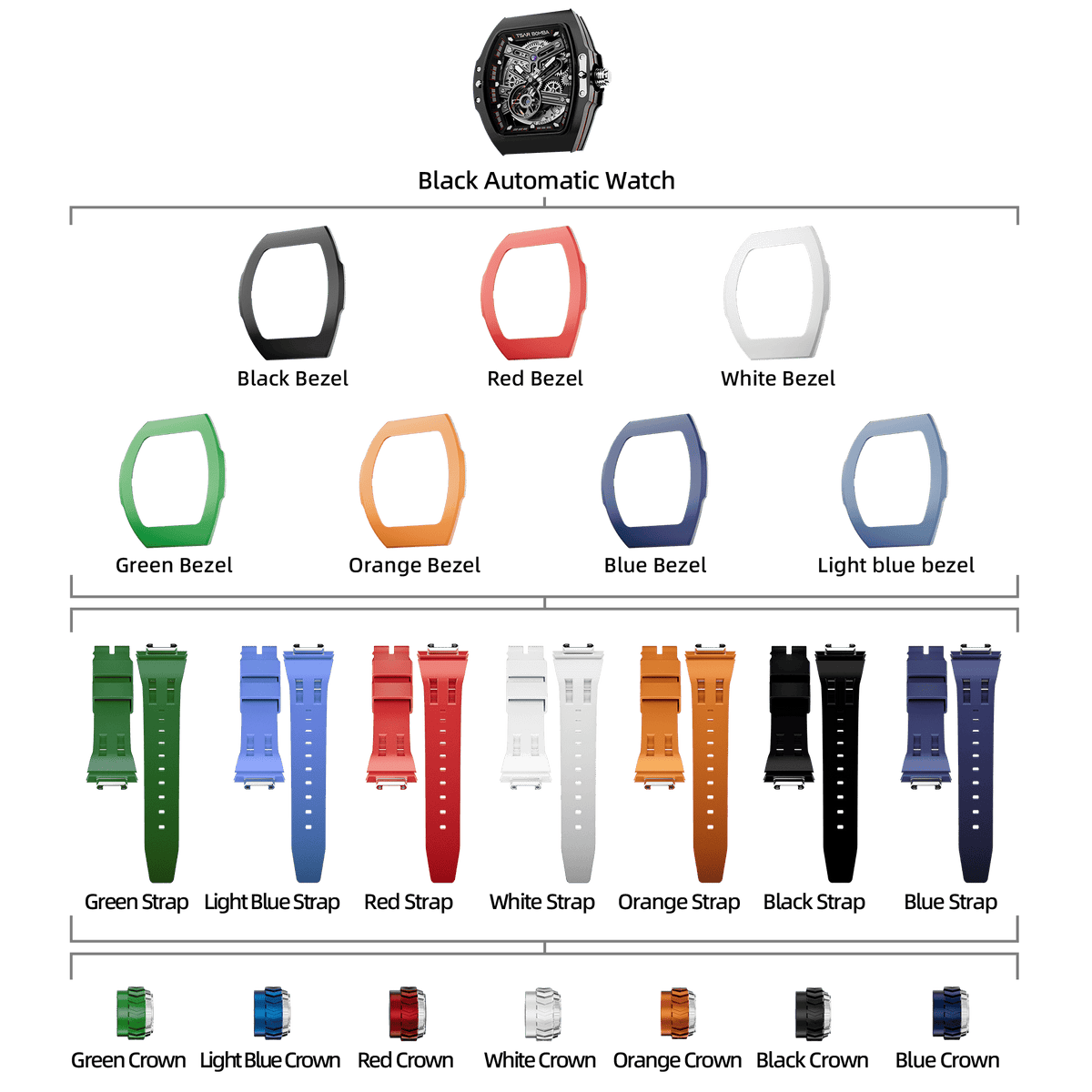 Atomic-Interchangeable Automatic Watch Combo (7-in-1)（IT） - Black / FluoroRubber Bezel