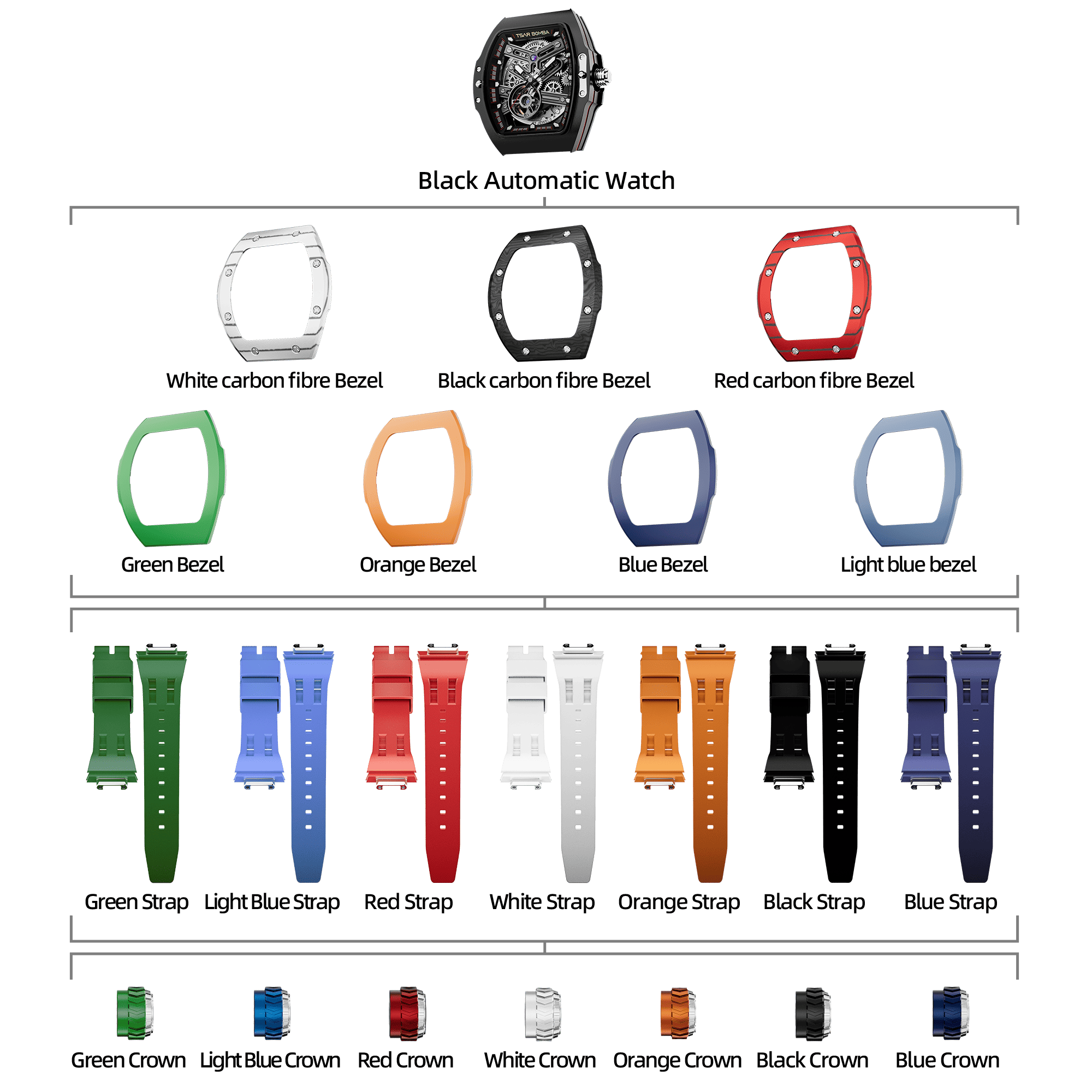 Atomic-Interchangeable Automatic Watch Combo (7-in-1)（IT） - Black / Mixed Material TSAR BOMBA Watch