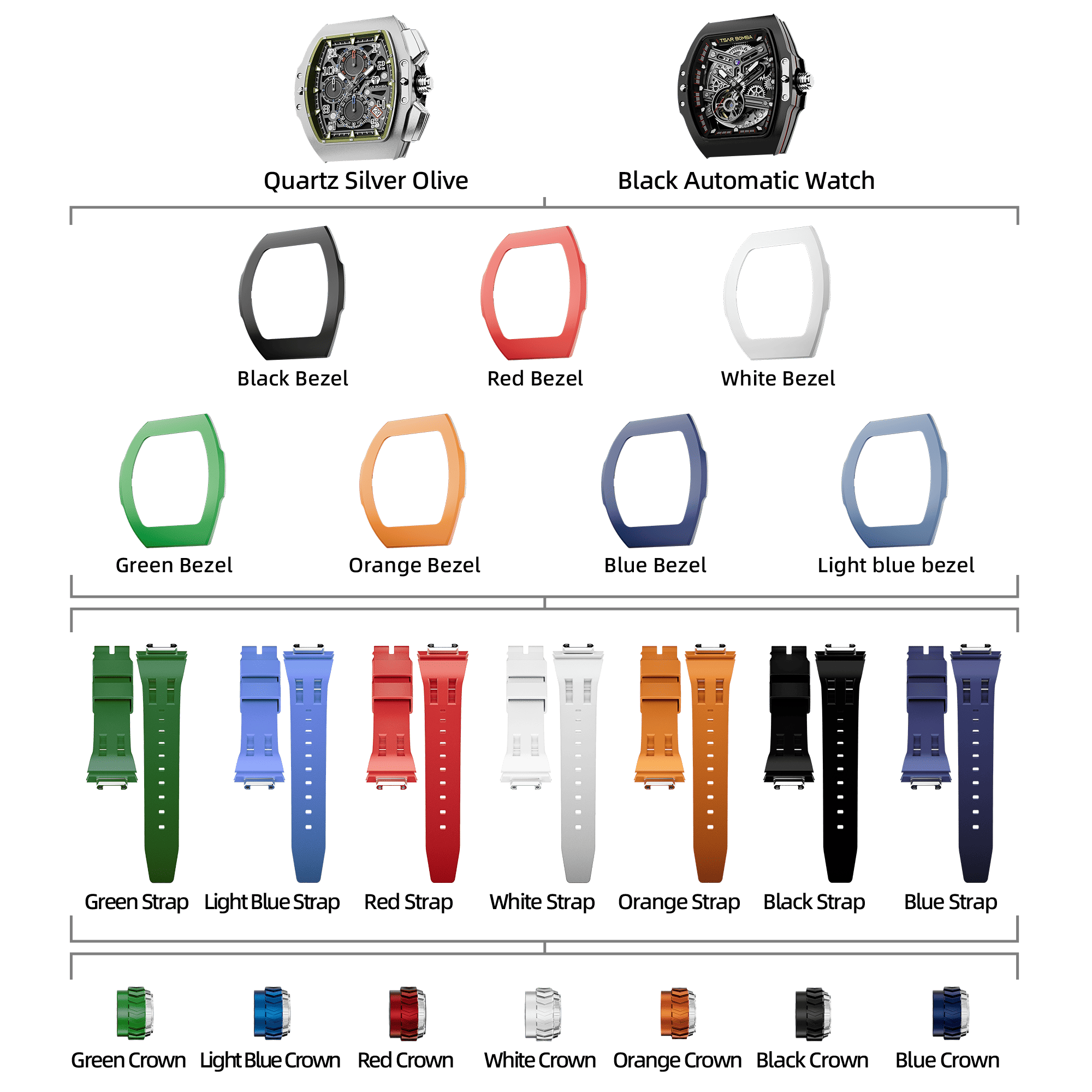 Atomic-Interchangeable Automatic Watch Combo (7-in-1)（IT） - Black / Two Head-FluoroRubber Bezel TSAR BOMBA Watch