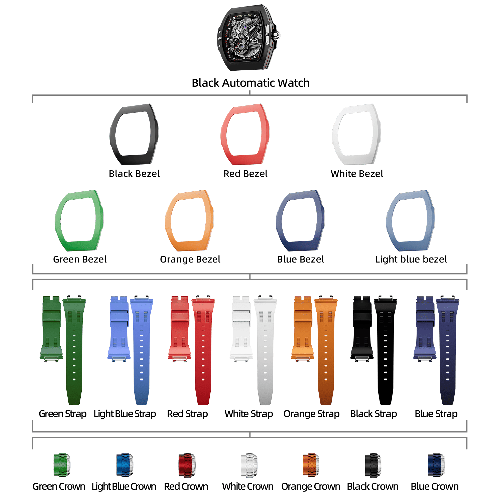 Atomic-Interchangeable Automatic Watch Combo (7-in-1)（IT） - Black / FluoroRubber Bezel TSAR BOMBA Watch