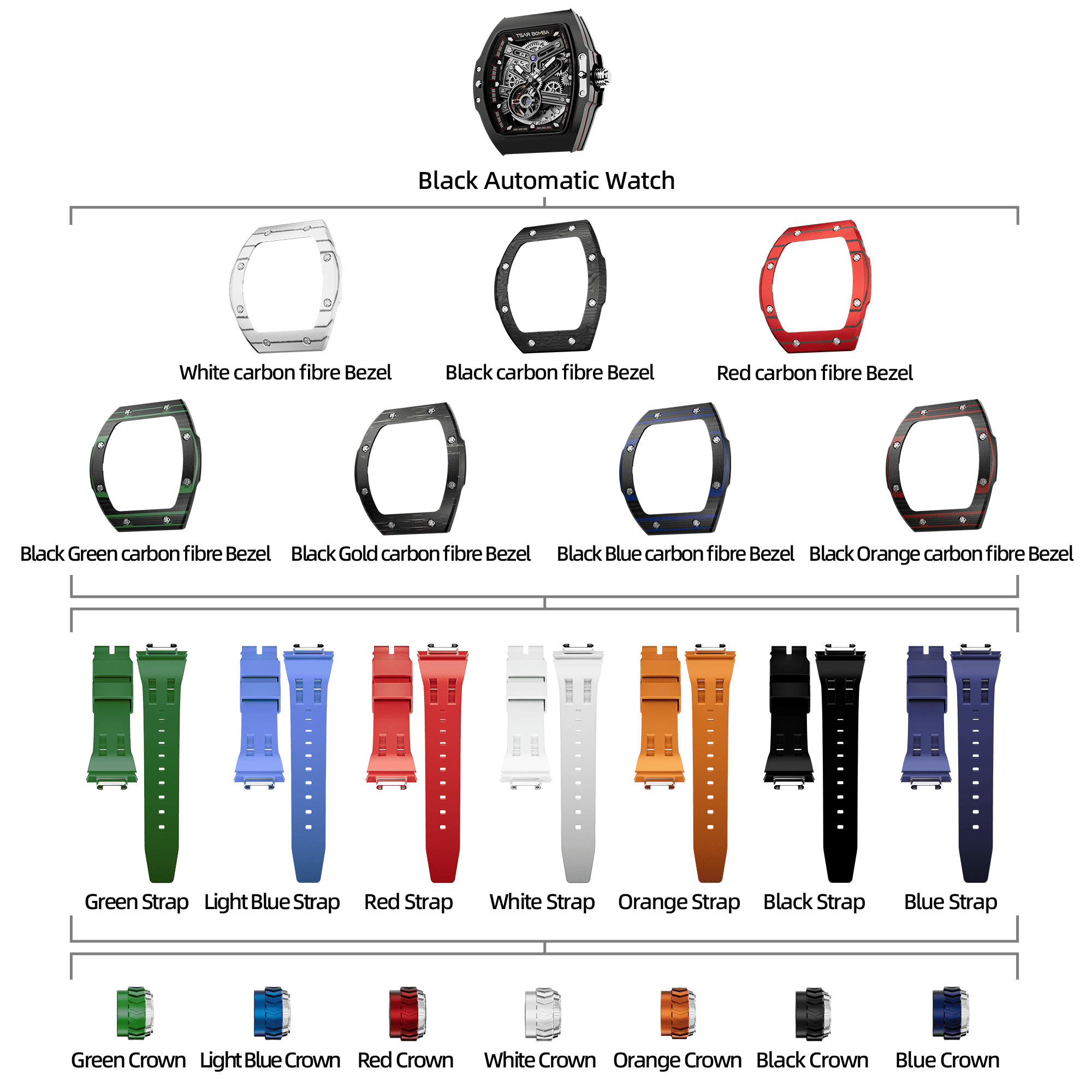 Atomic-Interchangeable Automatic Watch Combo (7-in-1)（IT） - Black / Carbon Fiber Bezel TSAR BOMBA Watch