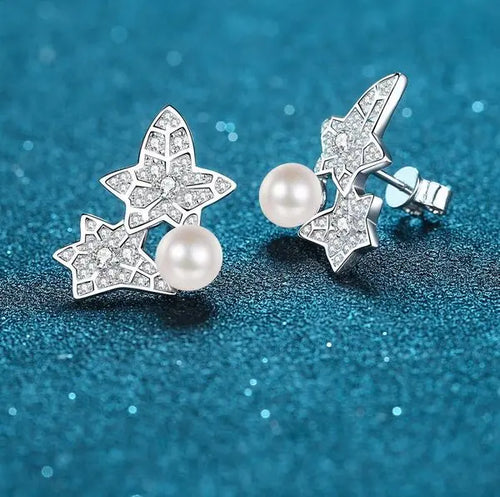 925 Sterling Silver Freshwater Pearl Floral Leaf Earrings with Flawless Moissanite Studs Popular Network Style Wholesale Great Shopping 4You