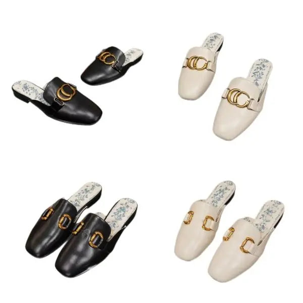 Designer Slippers G Slides Women Luxury Brand Top Leather Slippers Vintage Metal Buckle 2cm Heel Sexy Golden Letter Outdoor Sandales Black White Muller Shoes Great Shopping 4You