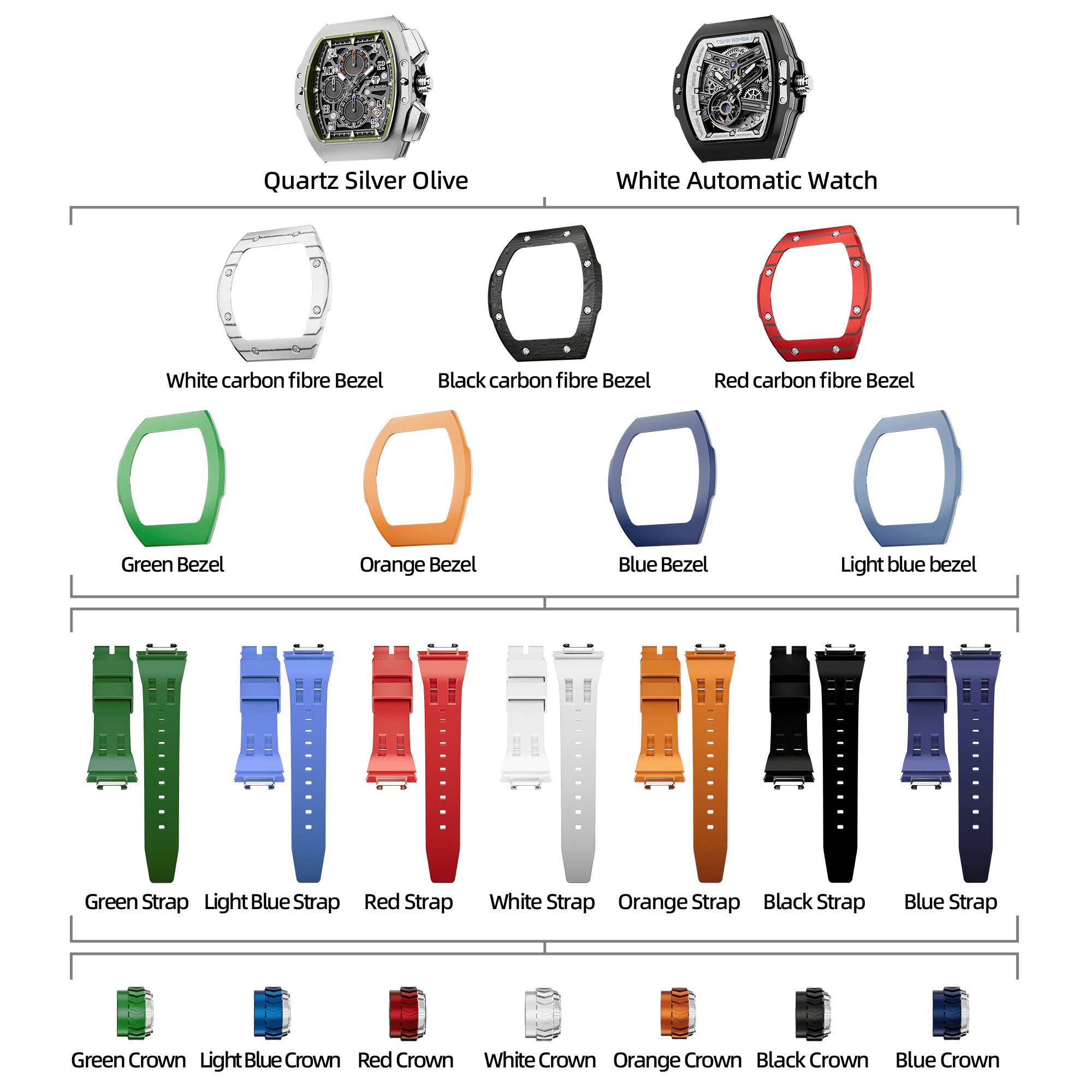 Atomic-Interchangeable Automatic Watch Combo (7-in-1)（IT） - Black White / Two Head-Mixed Material TSAR BOMBA Watch