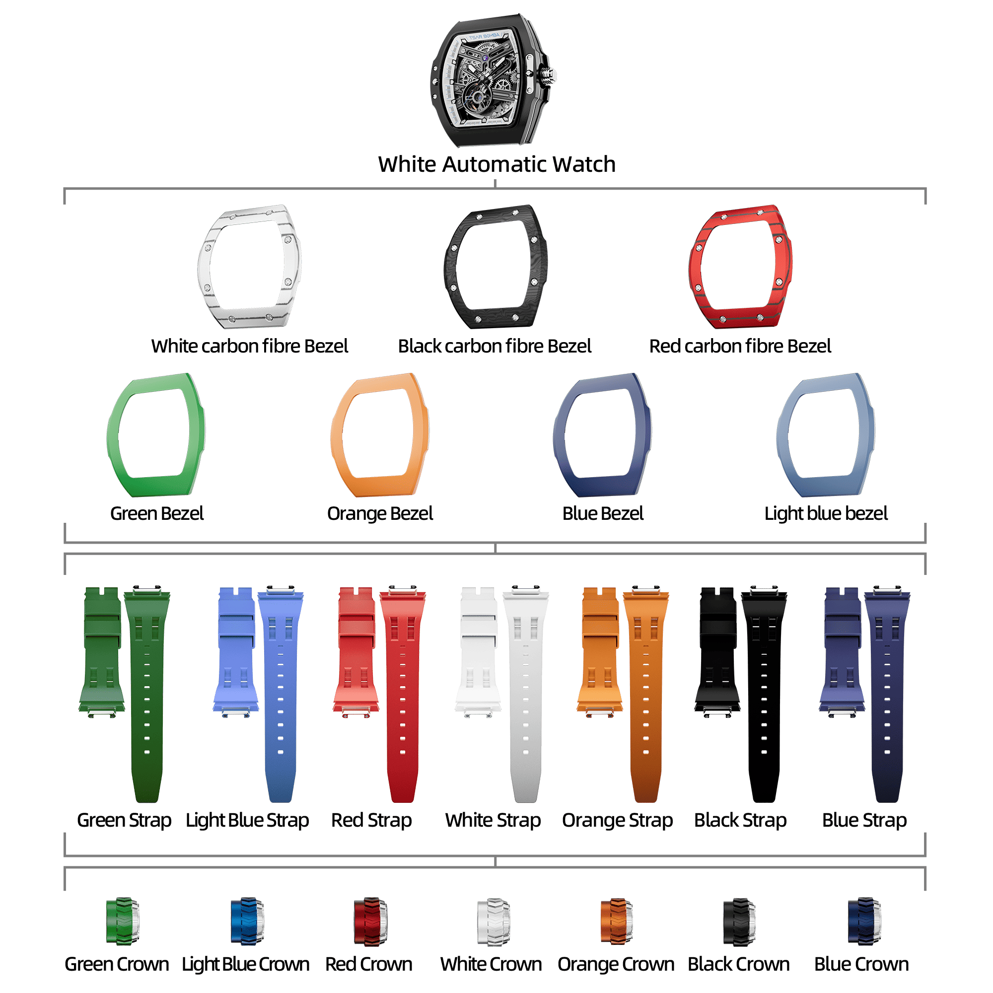 Atomic-Interchangeable Automatic Watch Combo (7-in-1)（IT） - Black White / Mixed Material TSAR BOMBA Watch