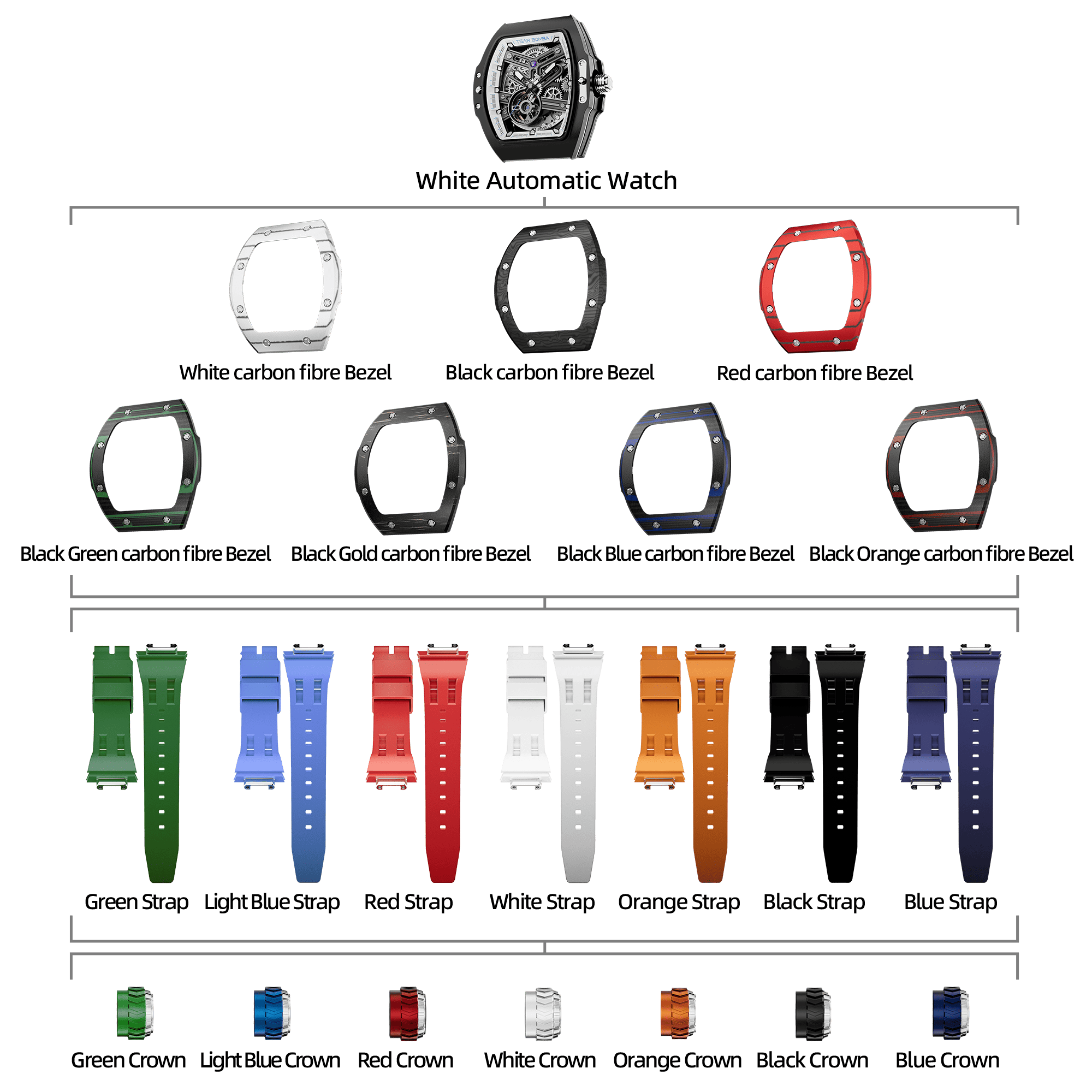 Atomic-Interchangeable Automatic Watch Combo (7-in-1)（IT） - Black White / Carbon Fiber Bezel TSAR BOMBA Watch