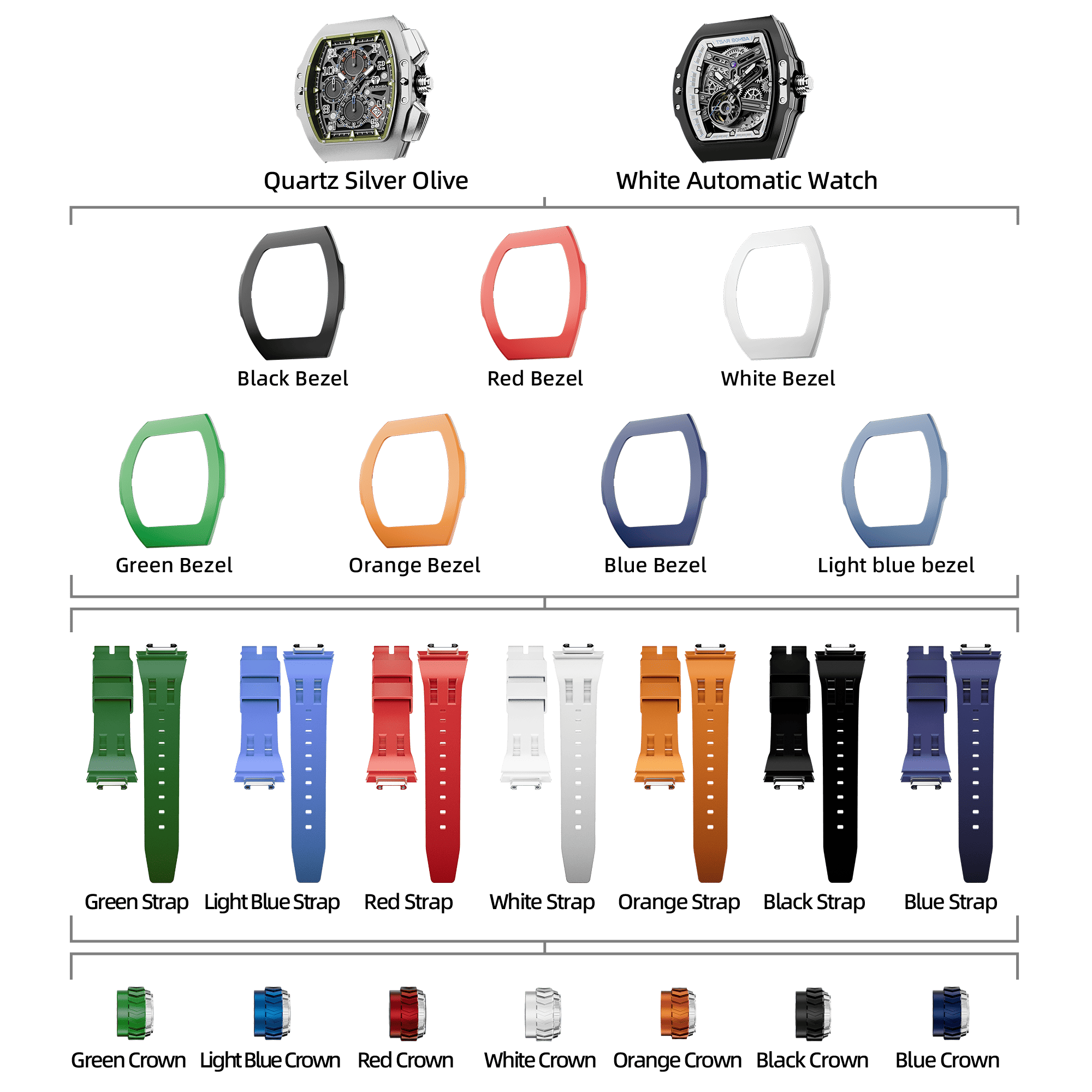 Atomic-Interchangeable Automatic Watch Combo (7-in-1)（IT） - Black White / Two Head-FluoroRubber Bezel TSAR BOMBA Watch