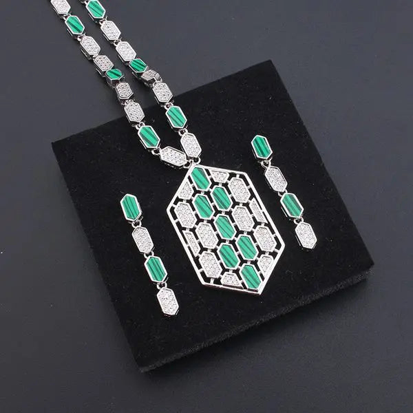 Creative Fashion Geometric Honeycomb Necklace Earrings Set Versatile Gold-Plated Colorful Stone Women's Elegant Sweater Chain Wholesale Great Shopping 4You