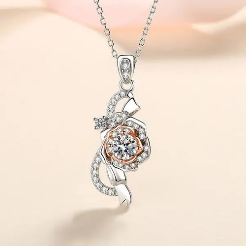 925 Sterling Silver Rose Pendant Necklace with Moissanite Stone, PT950 Gold Plated Elegant Split Color Design for Women Daily Wear Great Shopping 4You