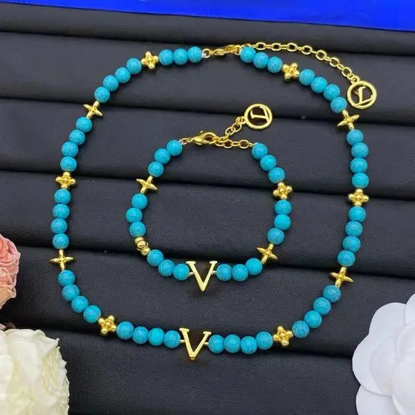 Designer Beaded Necklace Turquoise Letter Necklace Bohemian Holiday Style Rice Bead Necklace Bracelet Set High Quality Jewelry Set Great Shopping 4You