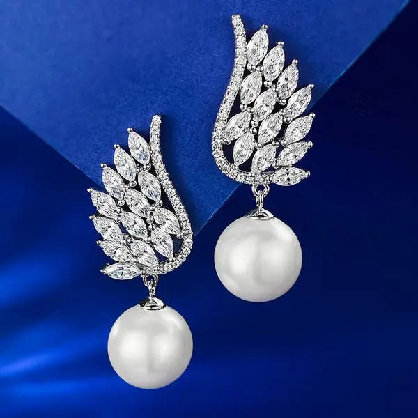 Elegant Sterling Silver Pearl Drop Earrings with Cubic Zirconia Leaf Design, Ideal for Weddings and Special Occasions Great Shopping 4You
