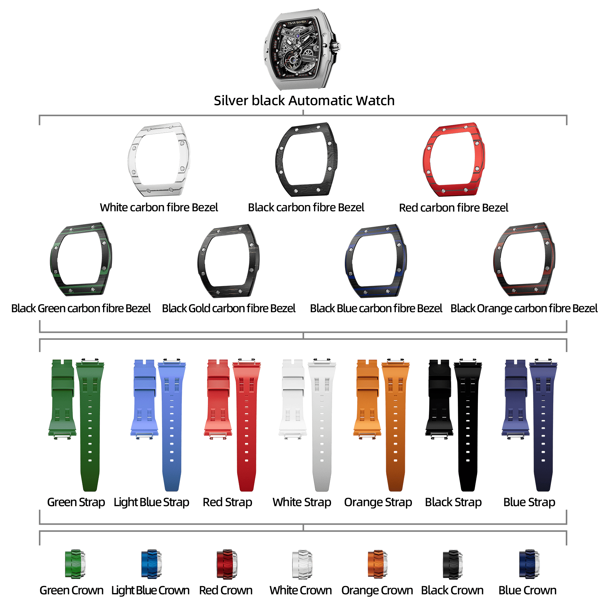 Atomic-Interchangeable Automatic Watch Combo (7-in-1)（IT） - Silver Black / Carbon Fiber Bezel TSAR BOMBA Watch