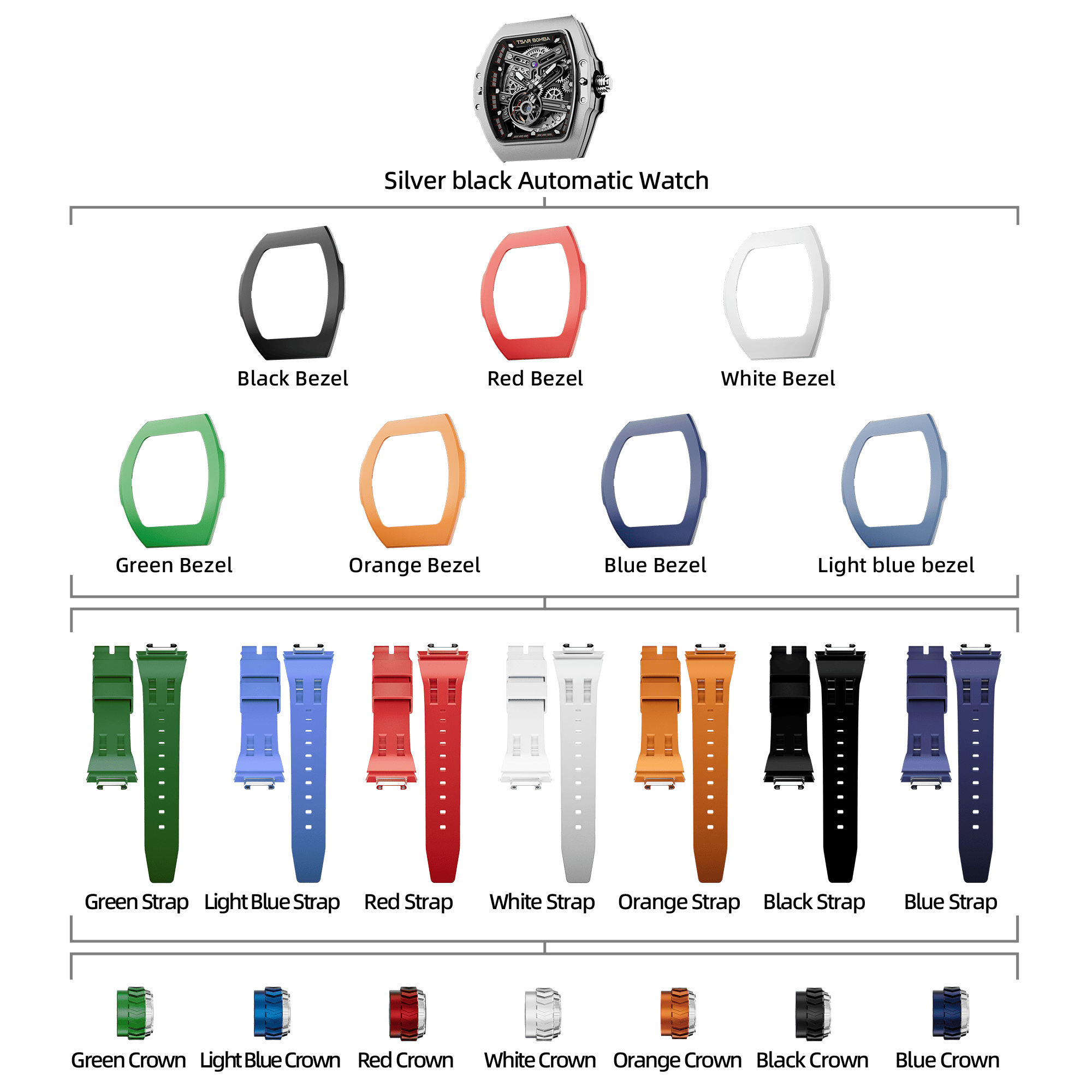 Atomic-Interchangeable Automatic Watch Combo (7-in-1)（IT） - Silver Black / FluoroRubber Bezel TSAR BOMBA Watch