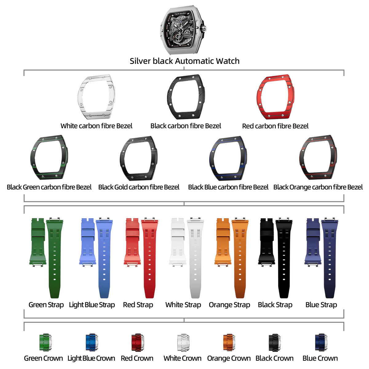 Atomic-Interchangeable Automatic Watch Combo (7-in-1)（IT） - Silver Black / Carbon Fiber Bezel