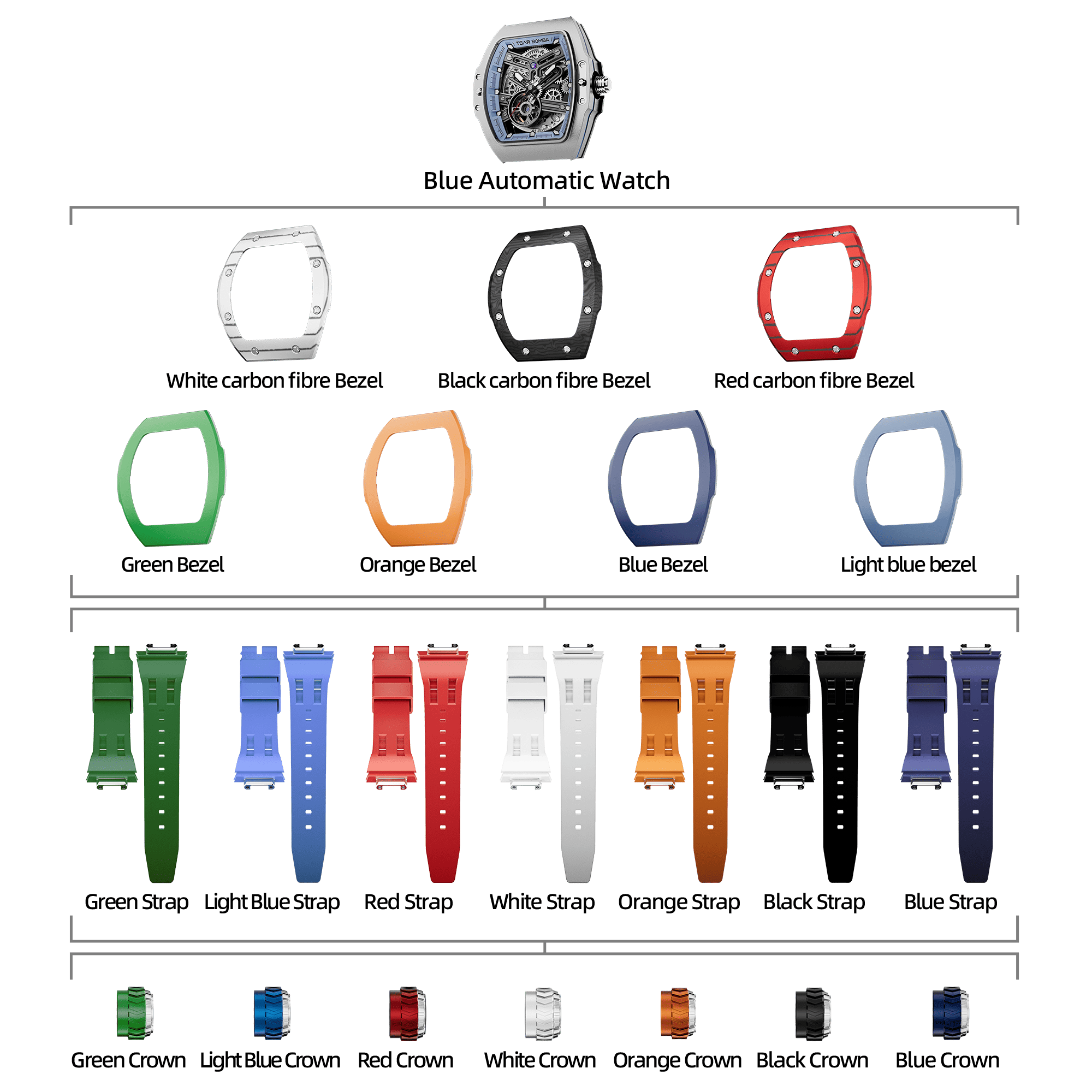 Atomic-Interchangeable Automatic Watch Combo (7-in-1)（IT） - Silver Blue / Mixed Material TSAR BOMBA Watch