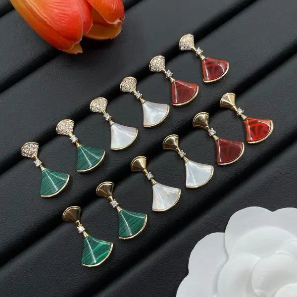 Brand Designer Fan-shaped Earrings Jade Material Diamond Earrings Women's Jewelry Women's Wedding Gift Set Small Fan Series Earrings Great Shopping 4You