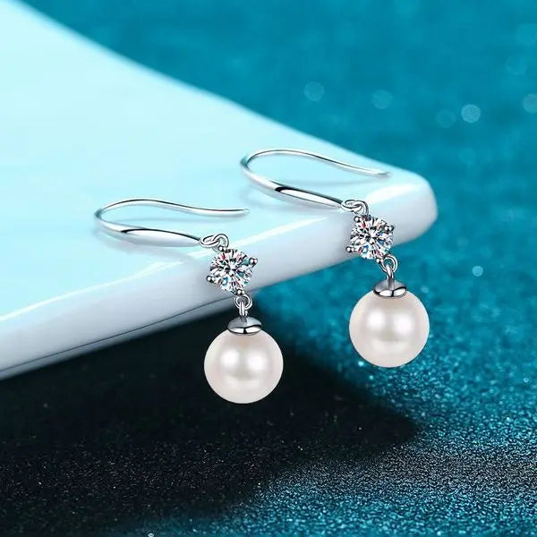925 Sterling Silver Earrings for Women, 8mm Freshwater Pearl Hooks, Four-Prong 30-Point Moissanite Earrings, Fashionable Chic High-End Jewelry Great Shopping 4You