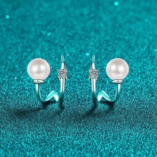 925 Sterling Silver U-Shaped Earrings with Moissanite and Freshwater Pearl, PT950 Gold-Plated Jewelry Great Shopping 4You