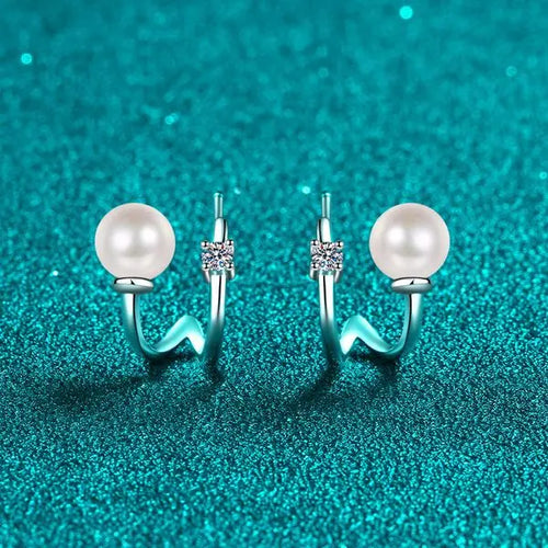 925 Sterling Silver U-Shaped Earrings with Moissanite and Freshwater Pearl, PT950 Gold-Plated Jewelry Great Shopping 4You