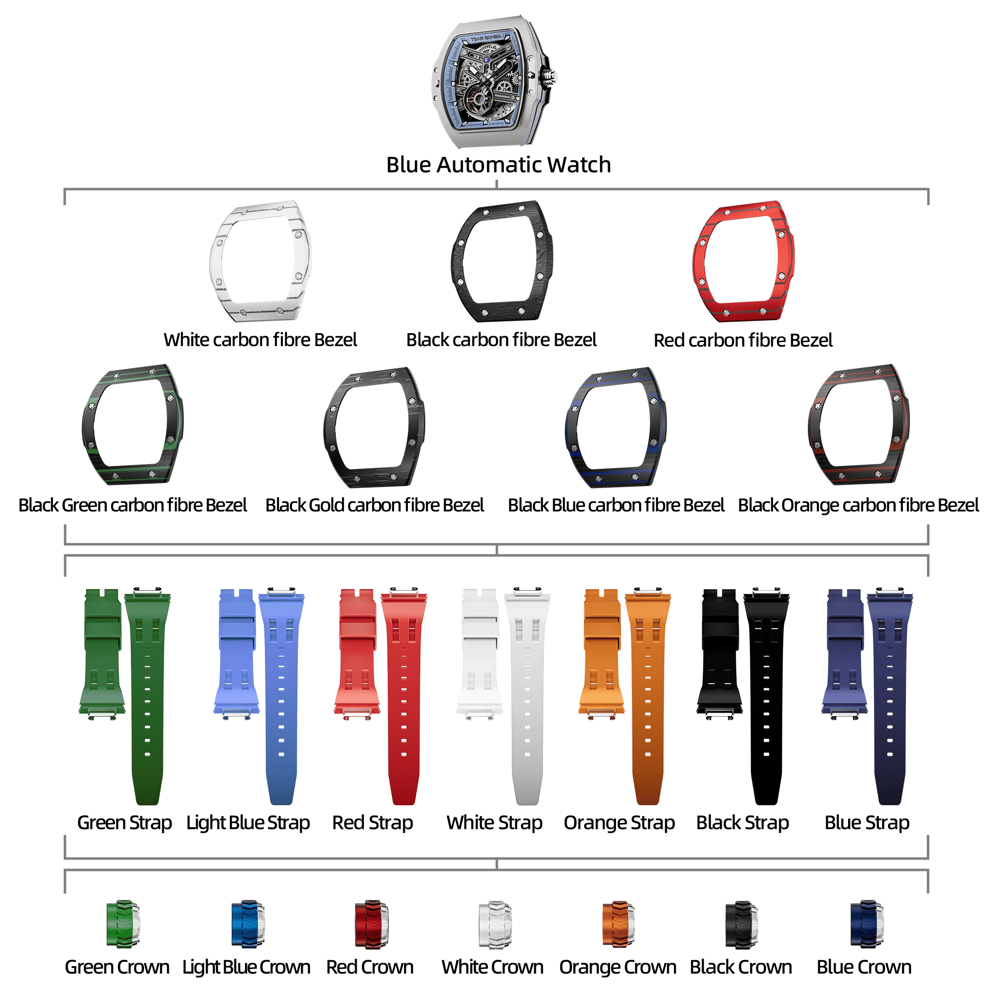 Atomic-Interchangeable Automatic Watch Combo (7-in-1)（IT） - Silver Blue / Carbon Fiber Bezel TSAR BOMBA Watch
