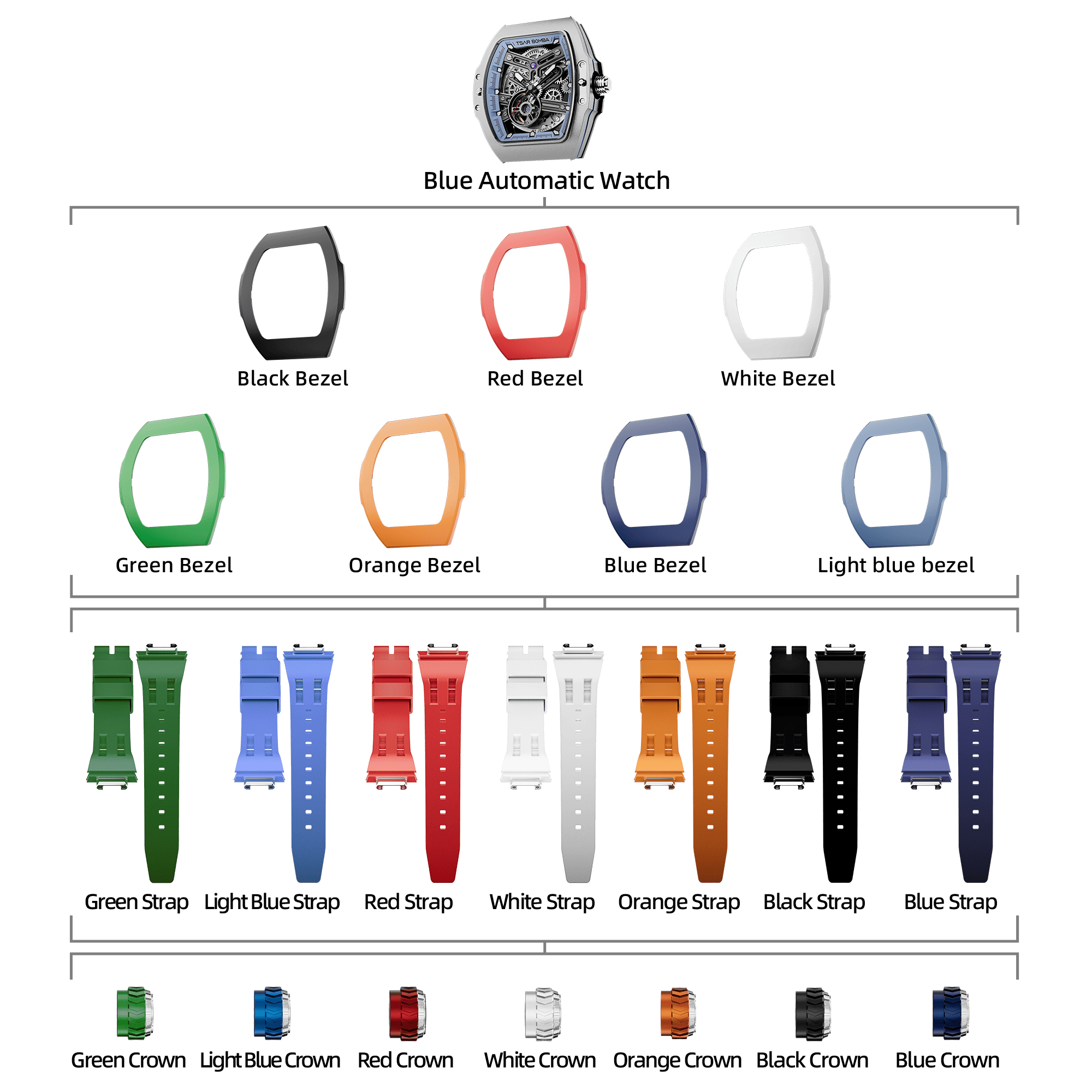 Atomic-Interchangeable Automatic Watch Combo (7-in-1)（IT） - Silver Blue / FluoroRubber Bezel TSAR BOMBA Watch