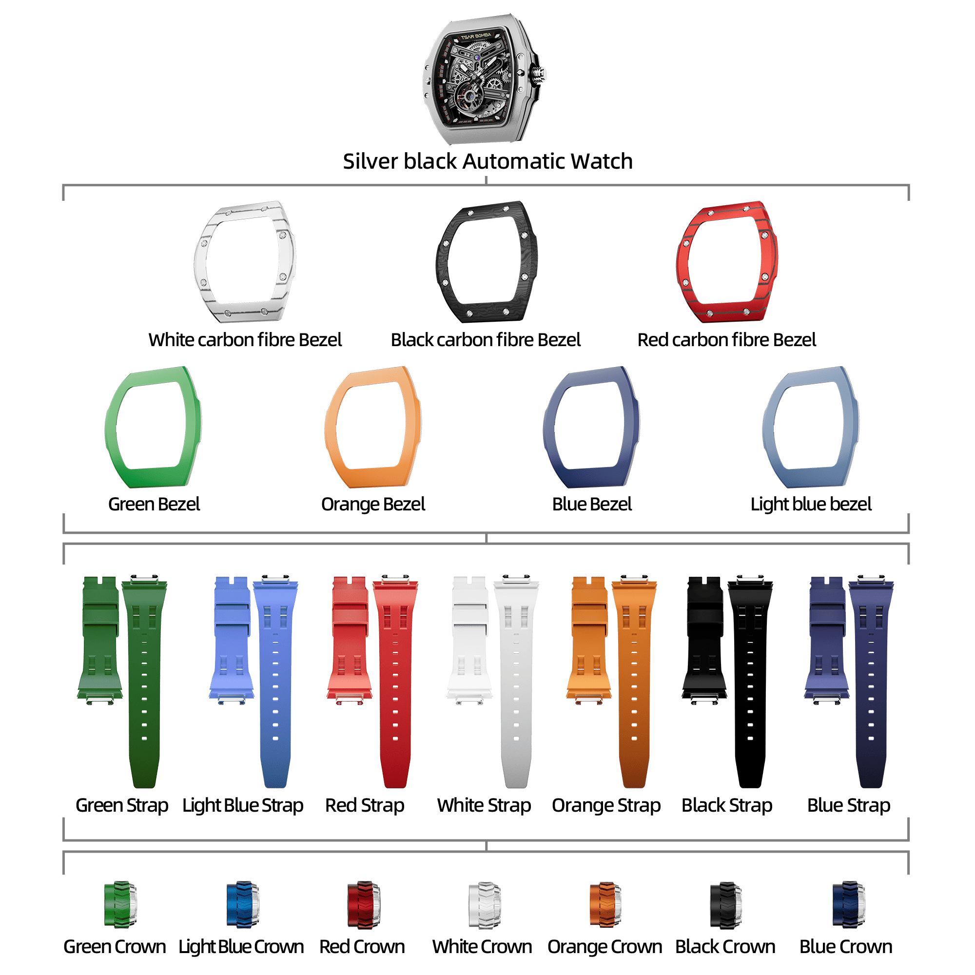 Atomic-Interchangeable Automatic Watch Combo (7-in-1)（IT） - Silver Black / Mixed Material TSAR BOMBA Watch