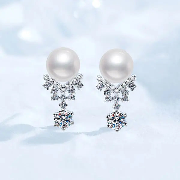 Moissanite S925 Sterling Silver Earrings with Freshwater Pearls, Women's Crown Design D-Color 60-Point Moissanite Studs, High-End Fashion Earrings, Wholesale Great Shopping 4You
