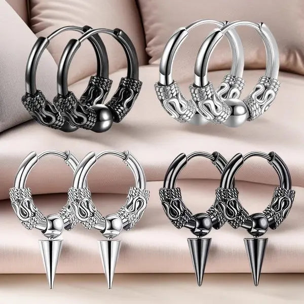 Hip-Hop Unisex Fashionable Retro Tibetan Dragon-Pattern Stainless Steel Beaded Earrings with Round Wire & Pointed Cone Details Great Shopping 4You