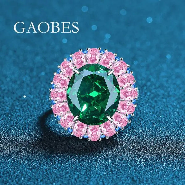 Luxury 925 Sterling Silver Adjustable Ring with Green Gemstone, High-Carbon Diamond, Pink Teardrop Stones, Elegant Floral Design for Women Great Shopping 4You