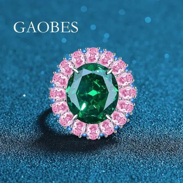 Luxury 925 Sterling Silver Adjustable Ring with Green Gemstone, High-Carbon Diamond, Pink Teardrop Stones, Elegant Floral Design for Women Great Shopping 4You