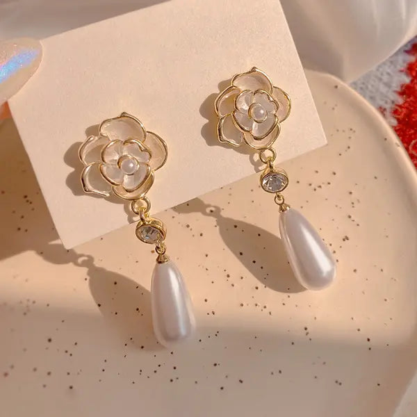 Designer Earrings Jewelry Jewellery Korean Influencer Minimalist Camellia Pearl Earrings Women Cool Niche Vintage Sterling Silver Post Earrings Elegant Gif Great Shopping 4You