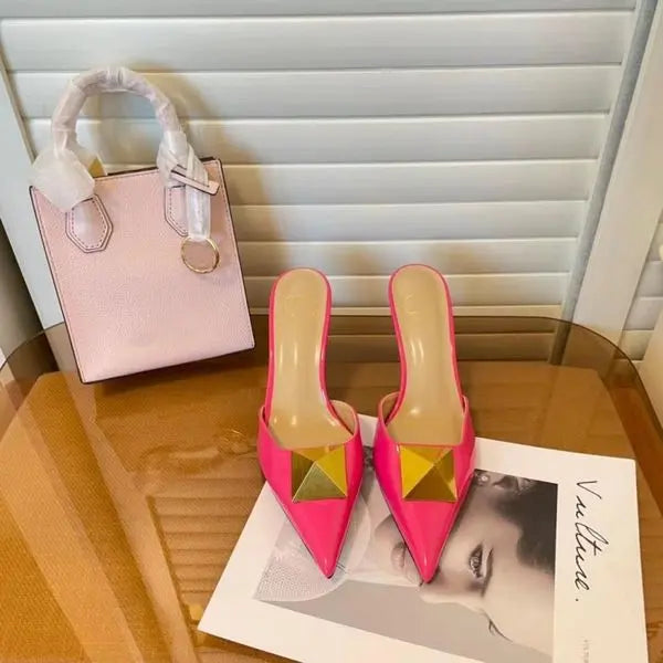 Women Slippers Slides Classic Luxury Brand Sandales New Designer Golden Rivet Slippers Top Patent Leather 7cm Sexy High Heels Fluorescent Fashion Dress Party Shoes Great Shopping 4You