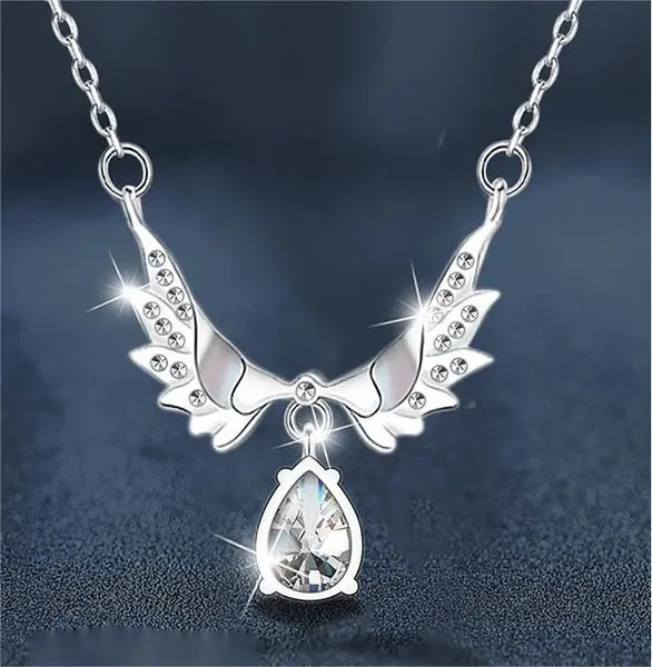 S925 Sterling Silver Angel Wings Moissanite Necklace for Women, Elegant Teardrop Pendant, Dainty Gift Clavicle Chain for Girlfriend Great Shopping 4You