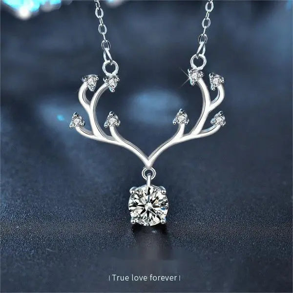 925 Sterling Silver Antler Pendant Necklace with Moissanite, Unique Christmas Gift for Women, Delicate Collarbone Chain Jewelry Great Shopping 4You