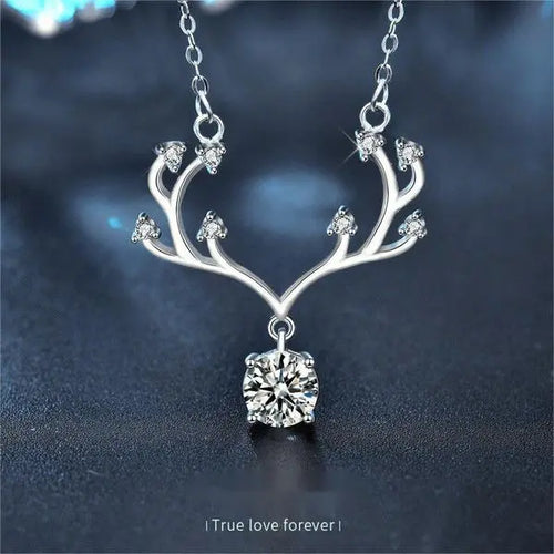 925 Sterling Silver Antler Pendant Necklace with Moissanite, Unique Christmas Gift for Women, Delicate Collarbone Chain Jewelry Great Shopping 4You