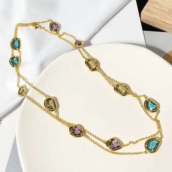 Elegant Long Sweater Chain Necklace with Irregular Cut Colorful Crystals Italian Inspired Design Matte Electroplated Copper in Three Tone Options Great Shopping 4You