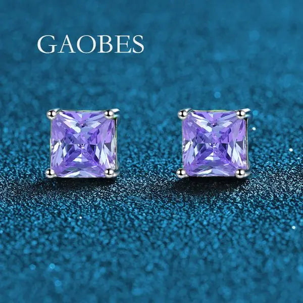 S925 Sterling Silver Minimalist Four-Prong Square Earrings with Green, Blue, Purple, and Pink Gemstones, Elegant and Small Luxury Studs Great Shopping 4You