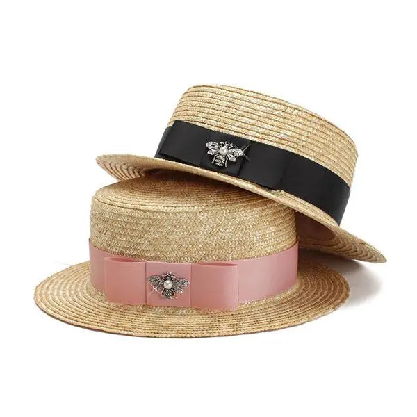 women Natural Wheat Straw Boater Fedora Top Flat Adult Summer Beach Ribbon Band Straw Hats For Holiday Vacation Great Shopping 4You