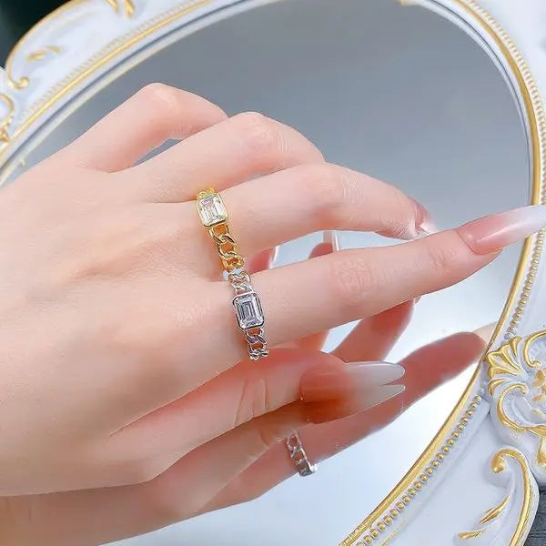S925 Sterling Silver 5x7 Rectangular Cubic Zirconia Cuban Link Chain Gold Ring, Unique Hollow Design Great Shopping 4You