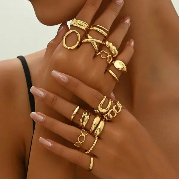 16 Pieces Thick Gold Stackable Rings for Women, Non-Tarnish, Open Stacking Rings, Knuckle Ring Set, Unique Niche - Designed Ring Set, Versatile Great Shopping 4You
