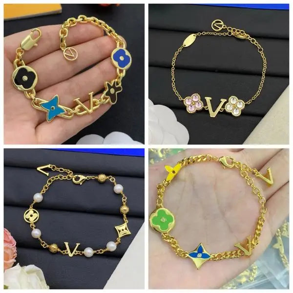Luxury Fashion Pearl Designer Diamond Gold Plated Letters for Women Wedding Bracelets Chains Bangle Jewelry Gift Great Shopping 4You