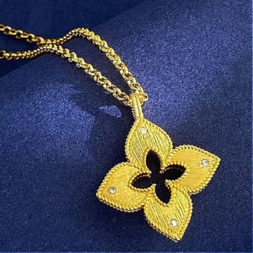 2026 Elegant Four Petal Flower Necklace Gold Plated Brass Hollow Carved Design with Micro Pave White Zircon Brushed Metal Finish Princess Series Jewelry Great Shopping 4You