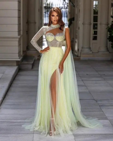 Long Tiered Party Dresses Vintage A-Line Trumpet Night Dress One Shoulder Prom Dresses Layer Celebrity Dresses with Glitter YD Great Shopping 4You